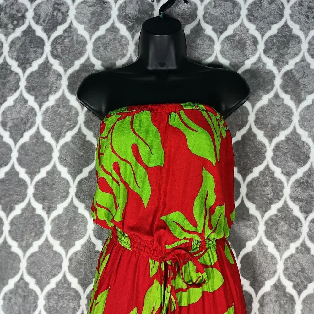 Hula Bay Jumpsuit Womens Medium Red Green Strapless Wide Leg Tropical Leaf Tiki - Picture 4 of 16